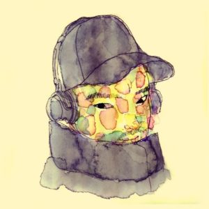 Autoportrait à l'aquarelle Illustration à l'aquarelle représentant le buste d'un garçon dans un manteau chaud à col haut, avec une casquette et des écouteurs. Les vêtements sont dans des teintes de bleu-violet, le fond est jaune pâle, le visage du garçon est parsemé des tâches de couleurs