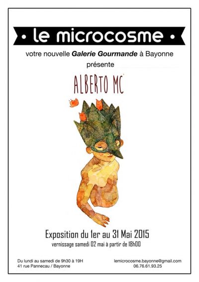 Flyer blanc avec au centre une illustration à l'aquarelle d'un garçon torse nu, portant un masque vert avec des touffes de cheveux en pointes évoquant des montagnes entre lesquelles 3 petits oiseaux oranges jouent