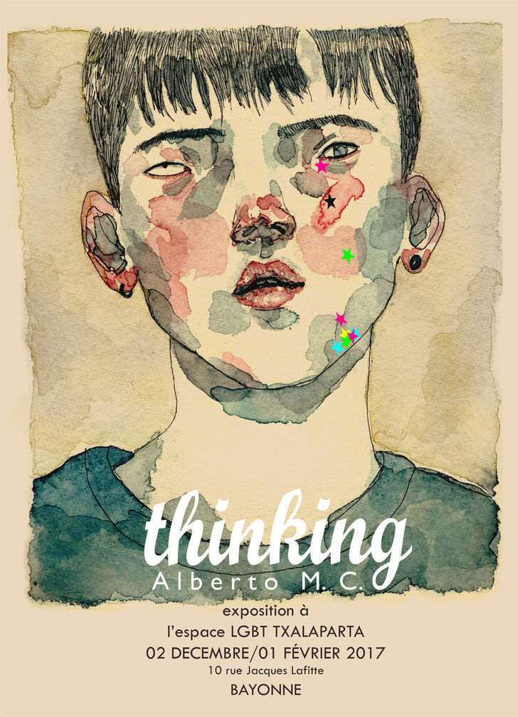 Affiche de l'exposition 'Thinking' L'affiche représente un jeune homme aux traits minces, cheveux noirs et courts, au regard troublant, un peu inquiétant, avec des marques rouges sur le visage et des lèvres très rougies, et des étoiles de couleurs fluo, comme des paillettes, sur sa joue et son menton.